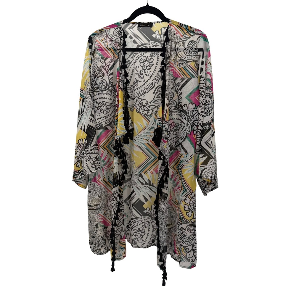 Melissa Paige Women L Kimono Multicolor Paisley Geometric Tassel Trim Open Front